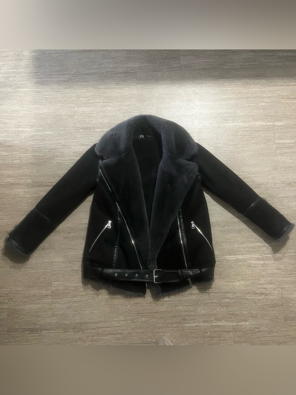 Zara Black Faux Shearling Moto Jacket with Belt